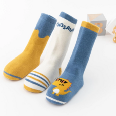 bebehome 加厚兒童毛圈襪 3件組 - 藍恐龍，XS/S/M/L 尺寸, S(9~11cm)