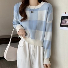 FT3019 針織大格紋長袖 - 藍色, 胸寬50cm 全長45cm 袖長52cm 肩寬56cm
