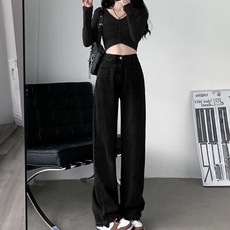 多碼 高腰素面顯瘦直筒牛仔寬褲, 2XL, 黑色