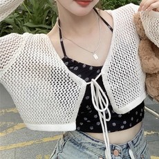 女款 透膚時尚綁帶罩衫/防曬外套/顯瘦上衣 (棉+聚酯纖維), 肩寬40cm 胸寬46cm 袖長55cm 全長45cm, 白色