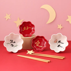 Mao's 樂陶陶 好愛先生太太禮盒組 6p, 花碗2個 + 花伴醬油碟2個 + 筷子2組, 混合色, 1組