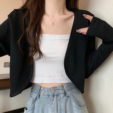 買到戀愛 女款 Y8608 短版 韓版 防曬 開襟 素面 小外套 - 黑色，棉+聚酯纖維, 肩寬39cm 胸寬40cm 袖長54cm 全長25cm