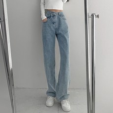 女款 錯位交叉 顯瘦 直筒 牛仔 寬褲, L(腰寬37cm, 大腿寬30cm, 臀寬55cm, 全長103cm), 淺藍色, 1件