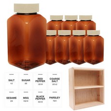 홈앤라이프 갈색 사각 PET 양념통 미색 캡 200ml x 8p + 흰색 스티커 8p + 사각 선반 세트, 1세트, 양념통 사각 8p + 흰색 스티커 8종 + 사각 2단 선반