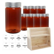 병도매닷컴 갈색 원형 PET 양념통 세트, 1세트, 갈색원형PET양녕통 300ml x 8p + 금속실버캡 8p + 라벨스티커 8p + 오픈 2단 선반