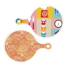 로엠디자인 서빙 원형 도마 보드 2p 주방패턴 세트, 주방패턴, 적황색라인아트, 1세트
