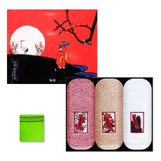 송월타월 화투세면타월 분홍색 + 흰색 + 연갈색 홍단선물세트 + 때밀이, 혼합 색상, 1세트
