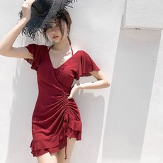 박하쇼룸 여성 휴양지 셔링 모노키니 원피스 수영복, 로즈