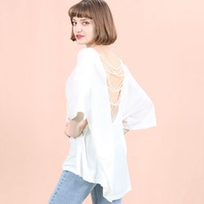 페이퍼먼츠 여성용 뒤트임 백오픈 진주 포인트 시스루 티셔츠 12621