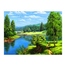 로앤뷰 DIY 큐빅 비즈 보석 십자수 원단형 30 x 40 cm 풍경화 푸른 여름 1개