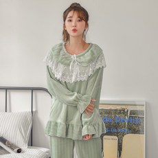 코코드림 여성용 숄레이스 오버핏 극세사 투피스 수면잠옷 HX9927