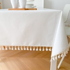 알럽홈 단색 태슬 방수 테이블 식탁보, 화이트, 110 x 110 cm