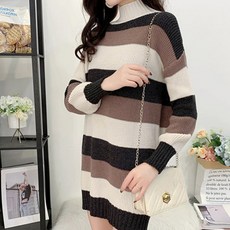공블리 여성용 하이넥 스트라이프 롱 니트 CST1300
