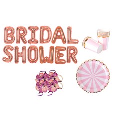 브라이덜샤워 소품 패키지 BRIDAL SHOWER 풍선 로즈+ 꽃팔찌 미니로즈 퍼플 4p + 테이블웨어 핑크, 혼합색상, 1세트