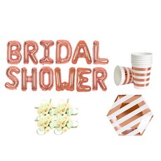 브라이덜샤워 소품 패키지 BRIDAL SHOWER 풍선 로즈+ 꽃팔찌 미니로즈 피치 4p + 테이블웨어 로즈골드, 혼합색상, 1세트