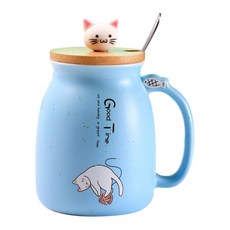 예쁜 고양이 뚜껑 파스텔 머그컵 450ml, 블루, 1개