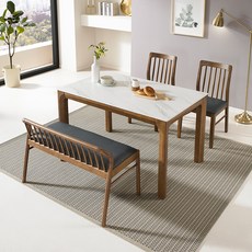 로드퍼니처 아몬 고무나무 원목 세라믹 식탁 + 의자 2p + 벤치 세트 4인용 1300 방문설치, 화이트