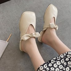리본뮬 여성용 네르크 리본장식 뮬 미들 힐 구두