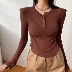 비비에모 여성용 단추라인 트임 슬림핏 긴팔 티셔츠 00577