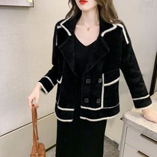 메이첼 여성용 루즈핏 숄카라 블랙화이트라인 투버튼 털 자켓 00319
