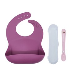 릴린져 이유식 아기 유아턱받이 고쉬 + 이유식스푼 + 케이스, 퍼플(턱받이), 베지(이유식스푼), 1세트