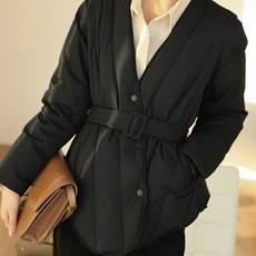 비비에모 여성용 노카라 브이넥 벨티드 경량 패딩 자켓 02330