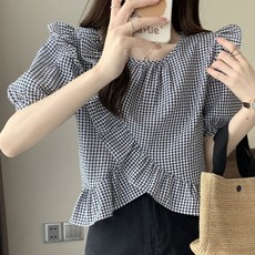 메이첼 빅사이즈 사선 프릴 체크 반팔 블라우스 02460