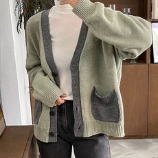 뜨개진 여성용 램스울 루즈핏 배색 포켓 에단 가디건