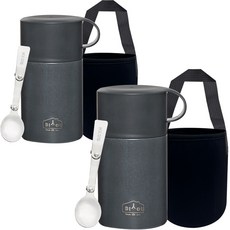 DIYOU 스텐 보온 도시락 죽통 600ml 2p + 스텐스윙 스푼 2p + 전용 파우치 2p 세트, 차콜, 차콜, 1세트