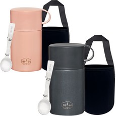 DIYOU 스텐 보온 도시락 죽통 600ml 2p + 스텐스윙 스푼 2p + 전용 파우치 2p 세트, 핑크, 차콜, 1세트