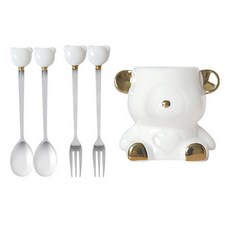 Bane小熊茶匙 2入+茶叉 2入+茶匙筒組, 白色, 2p 茶匙 + 2p 茶叉 + 茶匙容器, 1組