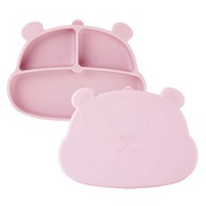 마미스테이블 먹자곰 흡착 푸드그레이드 실리콘 유아식판 세트, 베이비핑크, 1세트, 식판 + 뚜껑