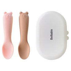 벨라블 유아용 고미 자기주도 스푼 2종 + 케이스 세트, 핑크 + 브라운, 1세트