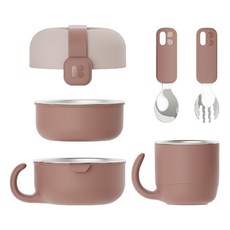 MOTHER-K Hug 外出豪華不鏽鋼餐具多件組 Set, 6合1配件 餐具齊全 不鏽鋼 耐用抗腐, 1組, 蓋子 + 小碗 + 大碗 + 杯子 + 湯匙 + 叉子 + 固定帶, 乾燥玫瑰