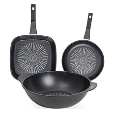 인터쿡 클래식 후라이팬 3종 세트, 블랙, 사각팬 27cm + 후라이팬 20cm + 파티웍 28cm, 1세트