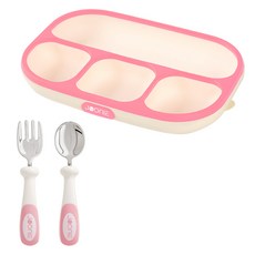 주니 실리콘 흡착식판 + 스테인레스 스푼 + 포크 + 케이스 세트, 핑크, 1세트