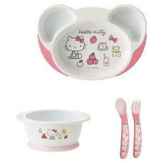Skater 幼兒用易舀取餐盤+飯碗+湯匙+叉子組, 1組, 三麗鷗Hello Kitty粉紅色, 盤子+飯碗+湯匙+叉子