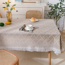 Couselect 北歐ins風編織棉紗流蘇桌布 T形格 230 x 130cm 淺咖色 棉紗桌巾, 1條