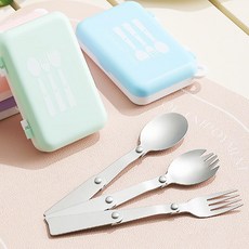 蕉蕉購物 304不銹鋼折疊環保餐具, 藍色, 叉子 + 湯匙 + 筷子, 1組