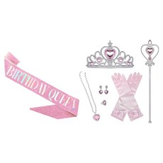 뷰라뷰 생일 파티 용품 티아라 + 어깨띠 + 액세서리 요술봉 코스튬 세트, 핑크, 1세트
