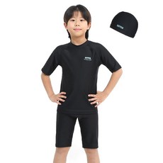 zetessport 男童款生存游泳室內泳衣短袖防曬衣上下衣+泳帽組 1581