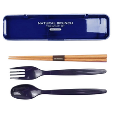 Sabu NATURAL BRUNCH 天然木筷 + 湯匙 + 叉子 + 收納盒組 日本製, 藍色, 1組, 收納盒 + 湯匙 + 叉子 + 筷子