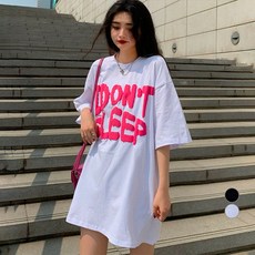 비비에모 여성용 데일리 라운드넥 박시 레터링 프린팅 롱 티셔츠 00196