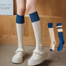 Edeline 藍色條紋長及膝襪運動襪 2p, 1組, 藍色, 象牙色