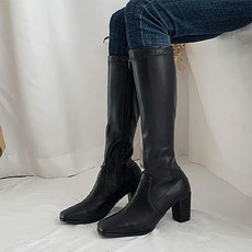 어바웃슈 퐁피 사각코 중간굽 스판 롱부츠
