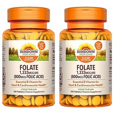 SUNDOWN NATURALS 日落恩賜 高單位葉酸錠，1,333mcg DFE (800mcg 葉酸), 素食，100錠, 100顆, 0.2g, 2罐