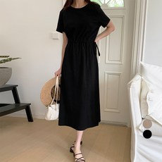 afinar 女款仿亞麻開衩短袖連身裙, 黑色