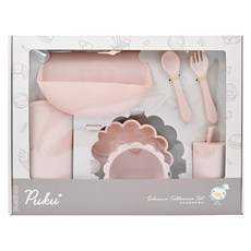 PUKU 藍色企鵝 蒔蘿鉑金矽膠餐具禮盒 Set 7件, 防傾倒強力矽膠吸盤, 防水圍兜立體接槽, 吸盤餐盤 + 吸盤碗 + 湯叉 + 圍兜 + 餐墊 + 吸管杯 + 吸管, 蔓茶粉, 1組
