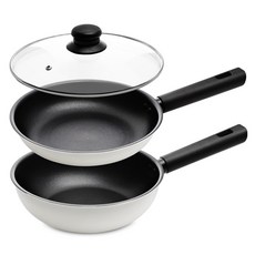 Sisem IH電磁爐適用Honkuk鍋具3件組, 平底鍋 22cm+炒鍋 22cm+玻璃鍋蓋, 乳白色, 1組