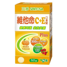 SENTOSA 三多 維他命C + E 口含錠, 柳橙風味, 含維生素C 300毫克, 維生素E, 鋅, 西印度櫻桃和玫瑰果萃取物, 純素配方, 1.2g, 60顆, 1盒